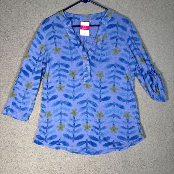NWT Fresh Produce Women Size M Dragonfly Button Roll Tab Water Color Art To Wear - Picture 1 of 15